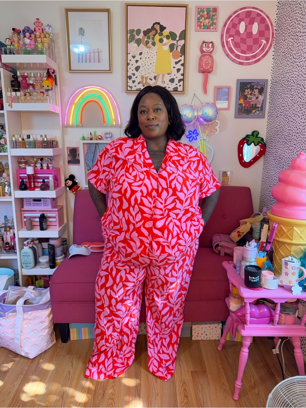 a new day Red & Pink Wide Leg Tropical-Leaf Pants